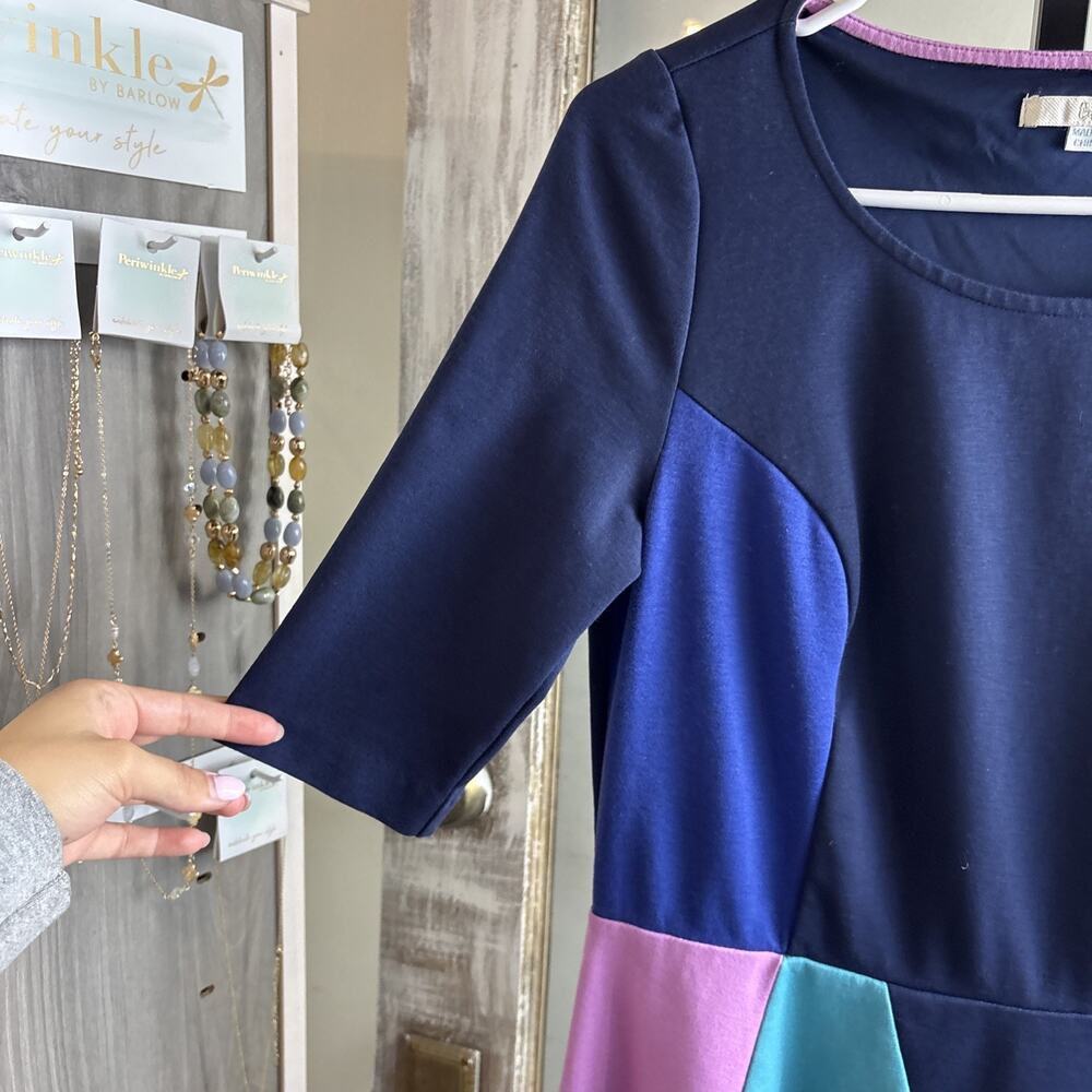 Boden Alice Ponte color block Midi Dress Fit And Flare Sz 8R Blue Pink Yellow - Picture 6 of 15